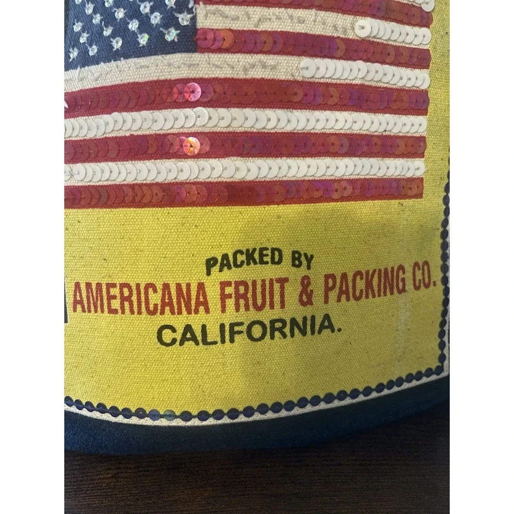 Americana Fruit Packing Co Sequin‎ Flag Canvas Drawstring Backpack